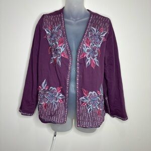 Soft Surroundings 100% Cotton Playa Embroidered purple Floral Open Front small